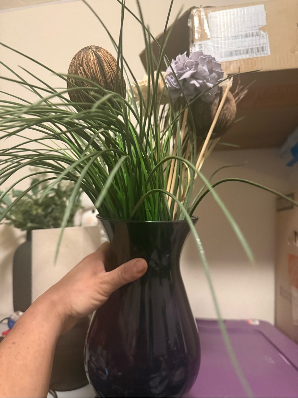 Dark Purple Glass Vase with Decorative Green Grass Arrangement